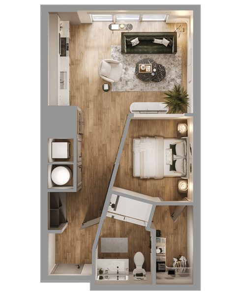Floor plan for 1 bed, 1 bath, 602 sqft